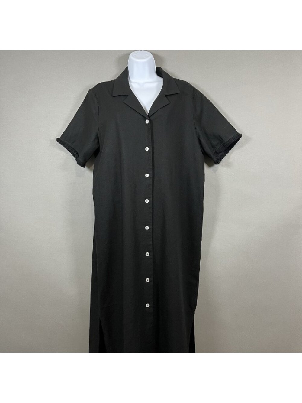 Forcynthia Black Linen Blend Button Short Sleeve Maxi Dress